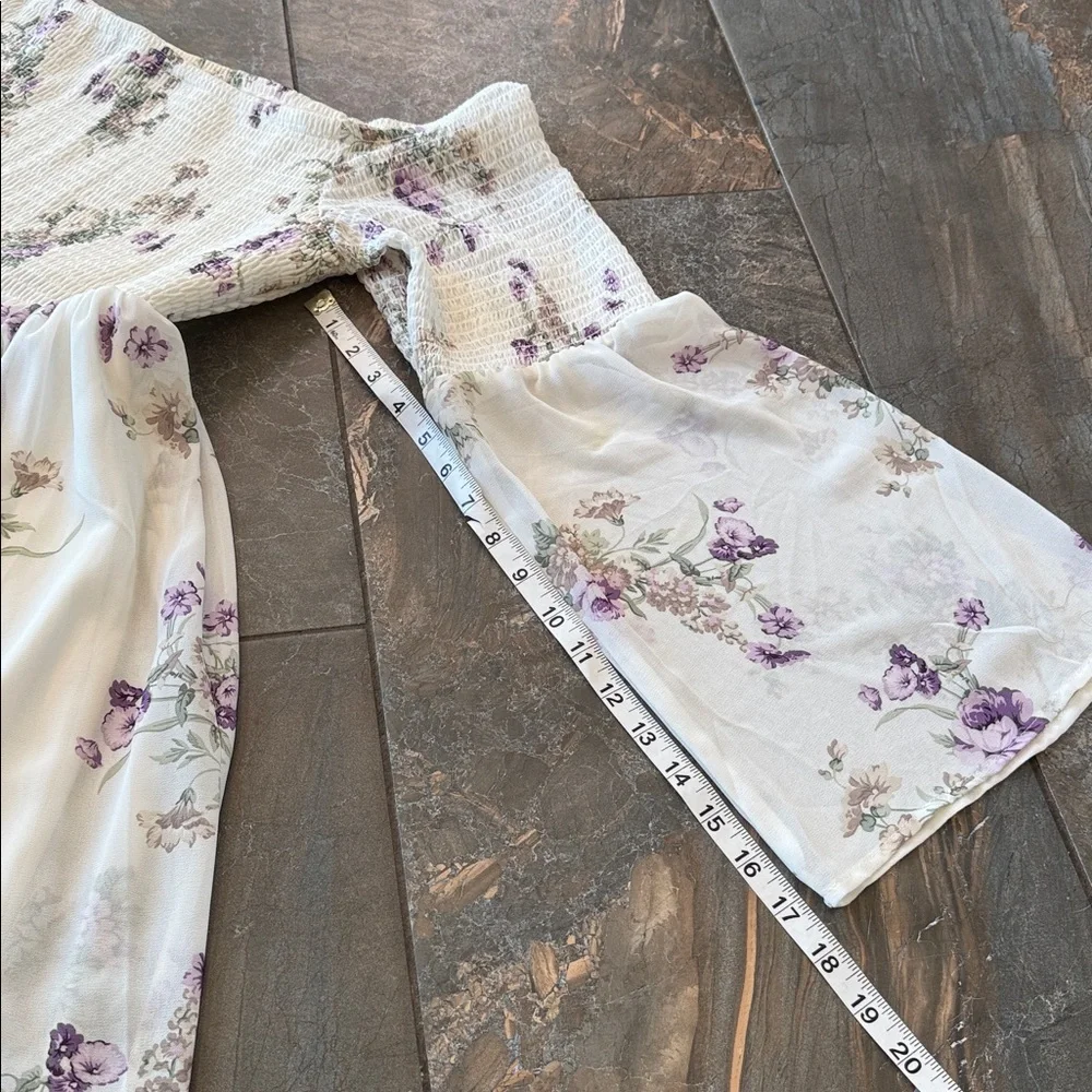 Torrid ivory and purple floral smocked chiffon off-the-shoulder dress - Picture 12 of 15